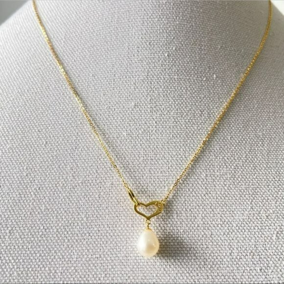 Stamped I LOVE U 18K Gold Plated Natural Drop Pearl‎ Heart Pendant Necklace 18in - Picture 12 of 14